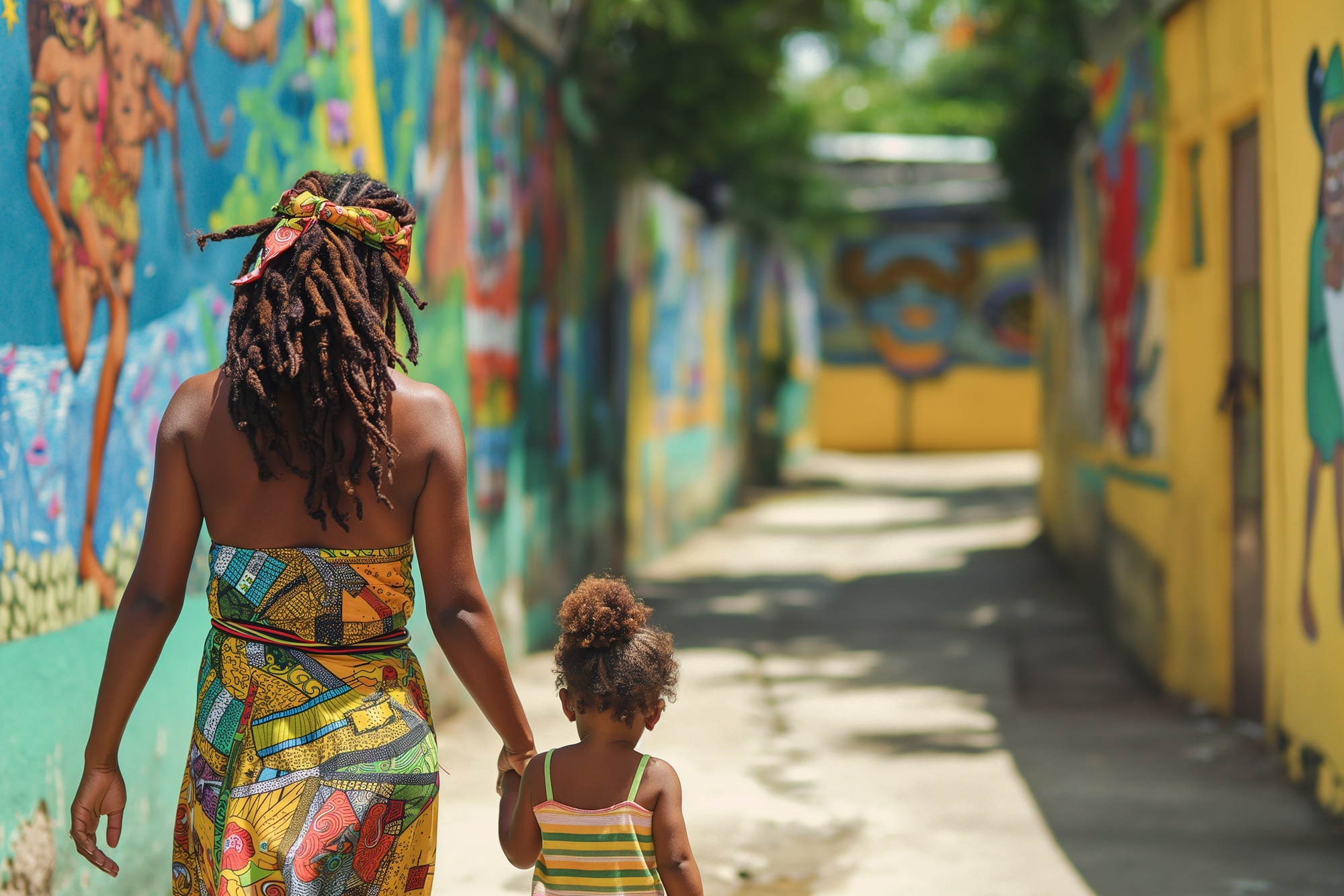 A mother and child walking together in a vibrant Caribbean community